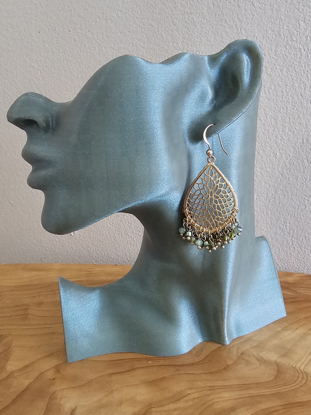 Teardrop Earrings with Green Bead Fringe - Picture 2 of 4